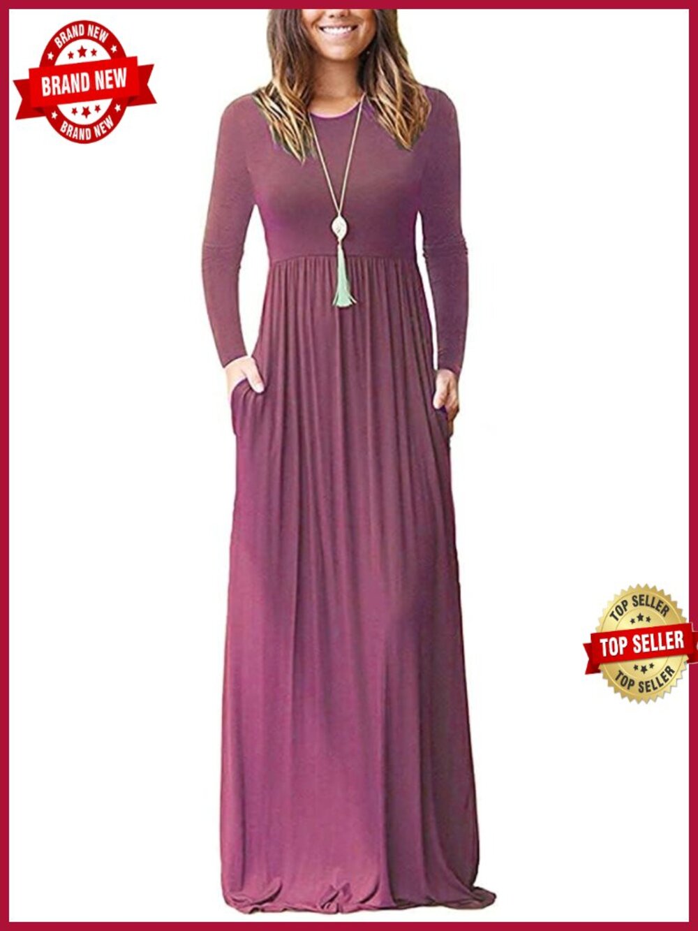 Long Sleeve Maxi Dress Empire Waist with Pockets Soft Casual